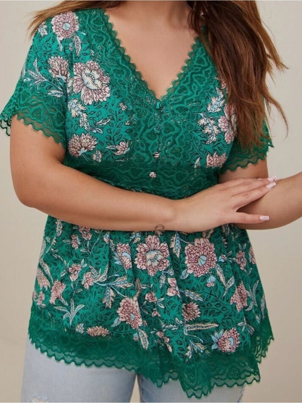 NWT Torrid Super Soft Stretch Knit Green Floral Lace Trim Babydoll Top Size 2X
